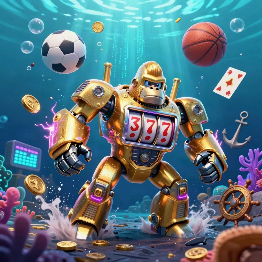Golden gorilla mech in an underwater casino cove, with balls, coins, coral, and neon energy.