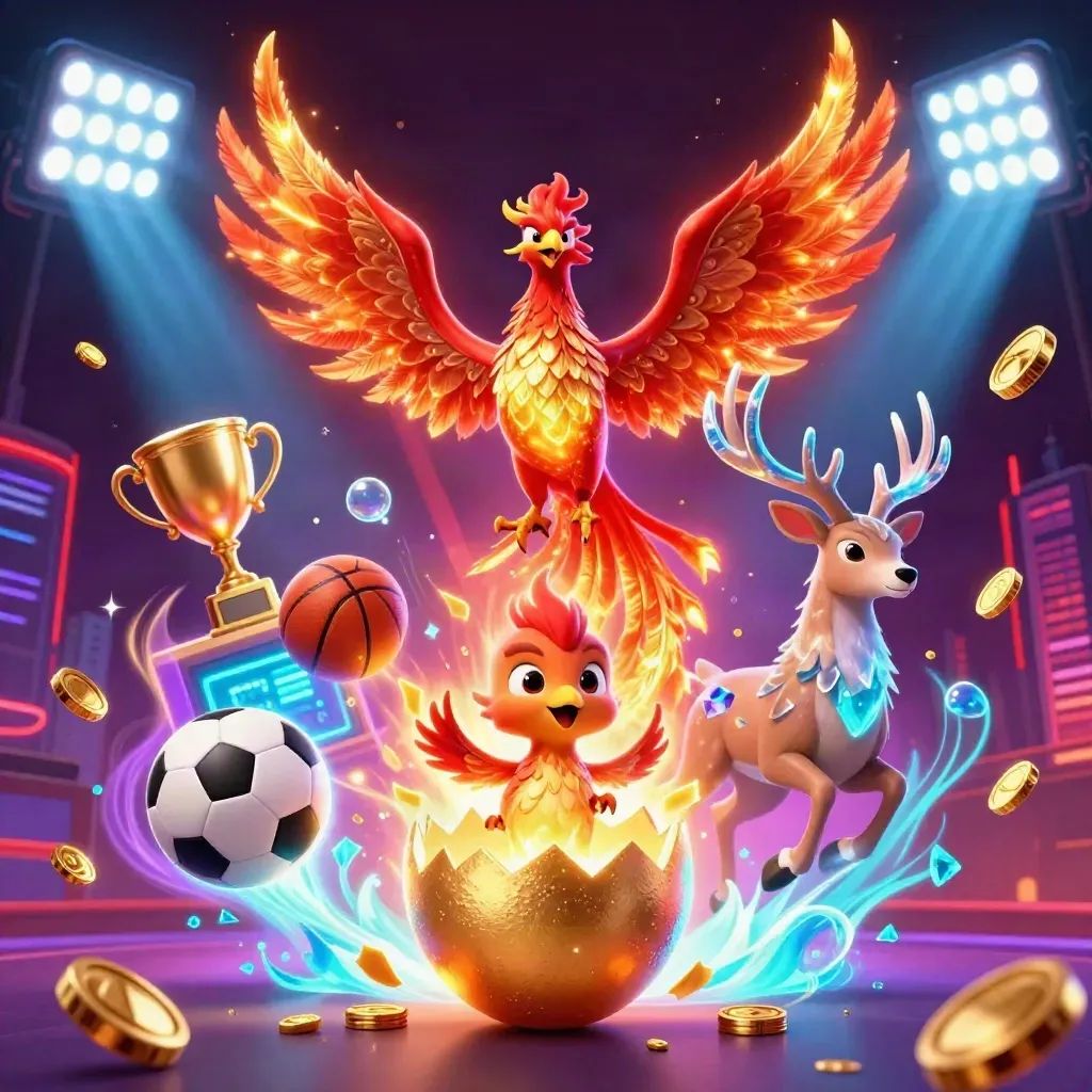 Phoenix, baby phoenix, and crystal stag amid neon casino bursts, coins, and glowing sky