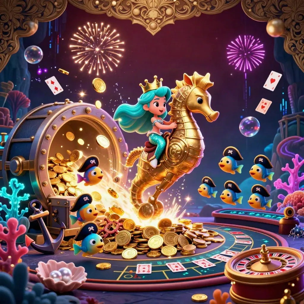 Mermaid princess on armored seahorse amid coins, coral, roulette wheel, cards, and neon casino glow