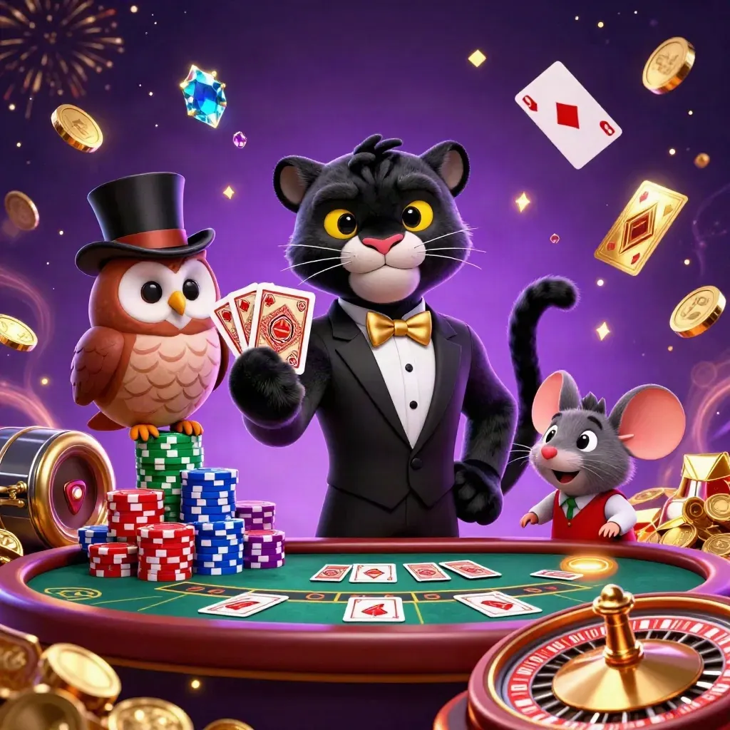 Panther, owl and mouse amid exploding coins, roulette, chips and fireworks in a luxe neon casino scene.